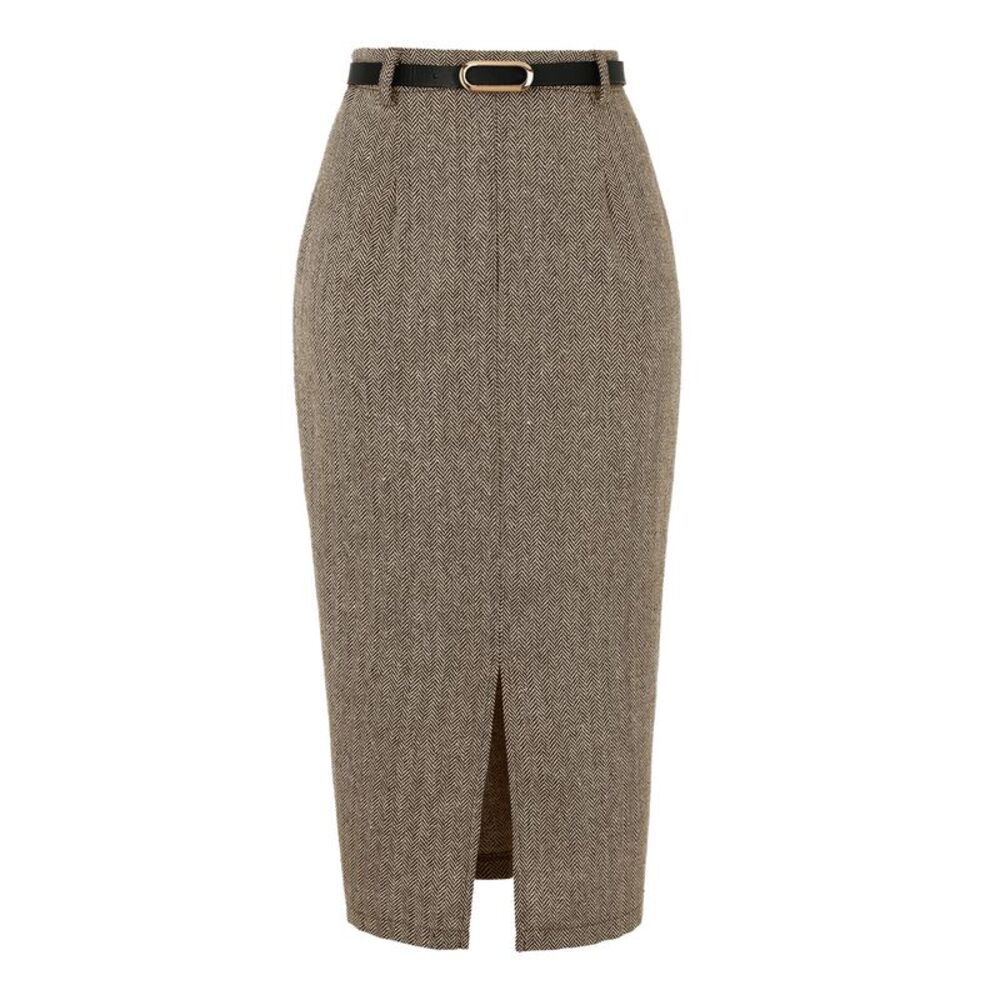 Women's Midi Pencil Skirt Fall Winter Slit Office Skirts with Belt Brown